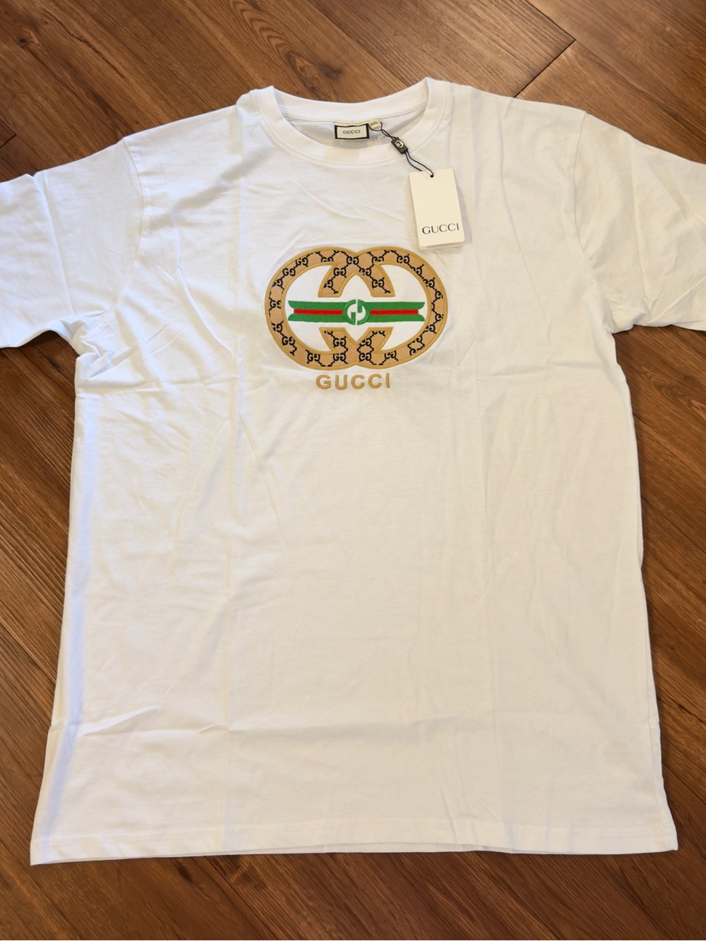 Gucci White Short-Sleeve Logo Tee with Green and Red Stripe